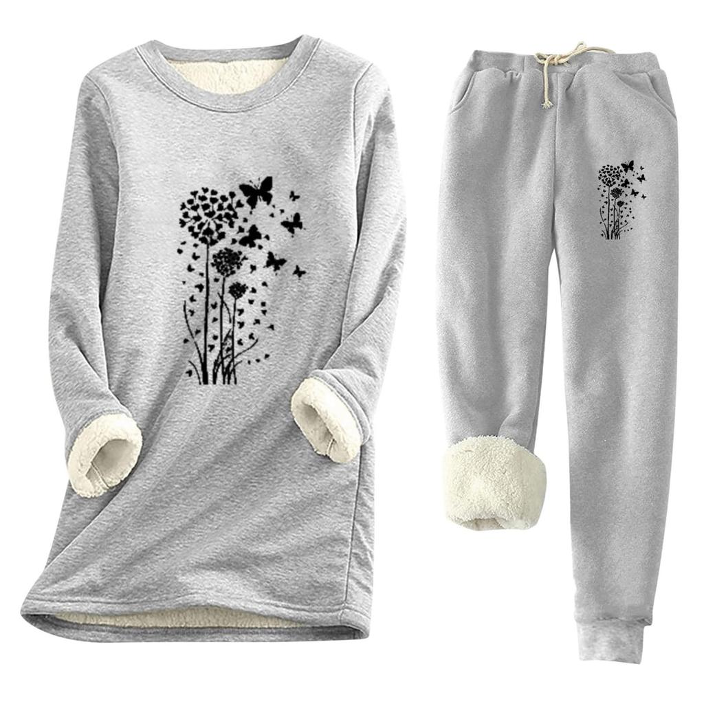 Women's Print Round Neck Warm Suit Long Sleeve Fleece Drawstring Sweatpants Two-Piece Set