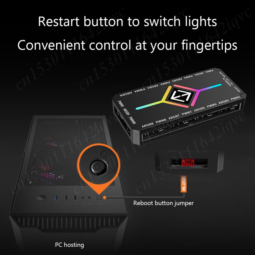 1 To 9 Ports 3 in 1 4 Pin PWM Magnetic Suction Hub with Remote PWM Magnetic Fan Hub Splitter PWM & ARGB Hub Splitter for PC Case