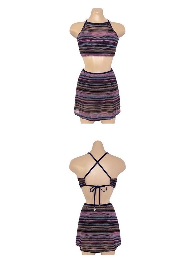 2025 Vintage Korean Striped Backless Tie-Up Swimsuit with Split Skirt for Women