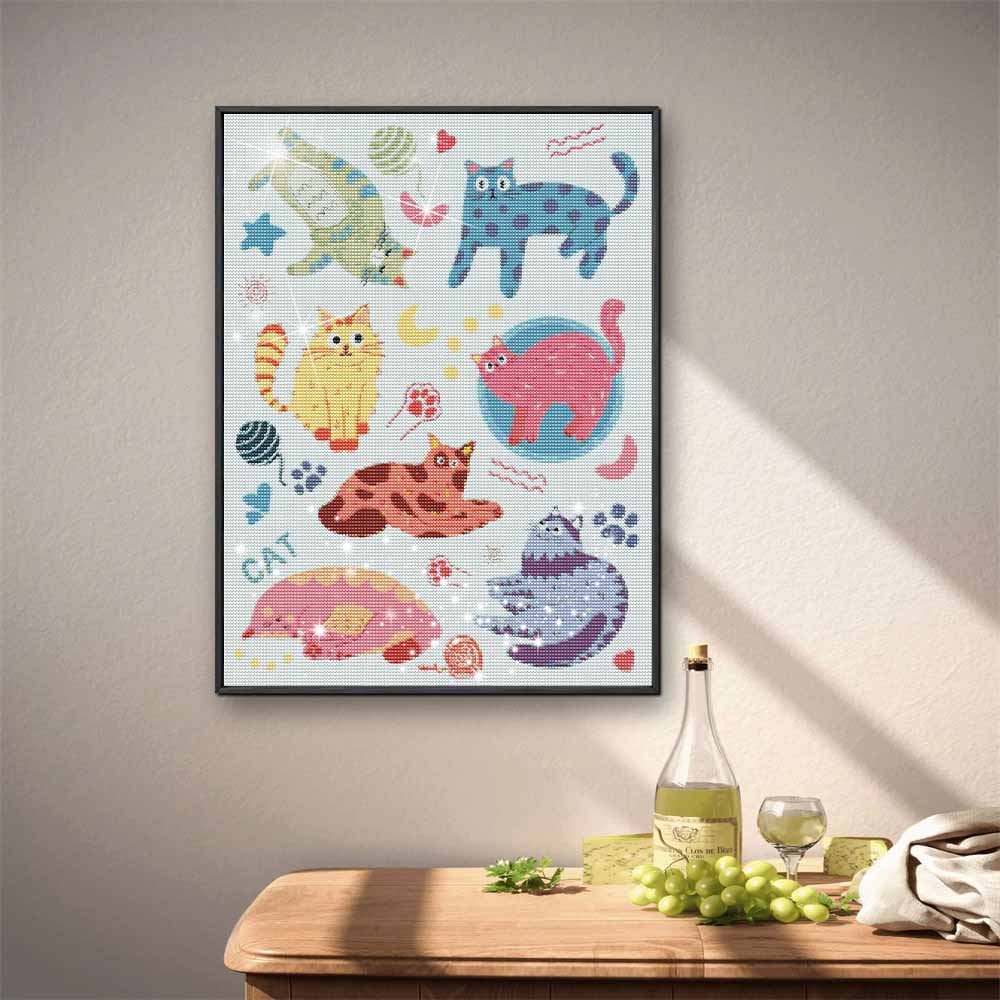 DIY 5D Diamond Art Kit Cute Cartoon Cats Pattern Sparkling Rhinestone Canvas for Bedroom Living Room Decor Wall Art Craft Painting Kit