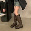 Vintage Khaki Long Women's Boots Thick Heel Tall Knight Boots Skinny Boots Summer Western Cowboy Boots Stacking Boots