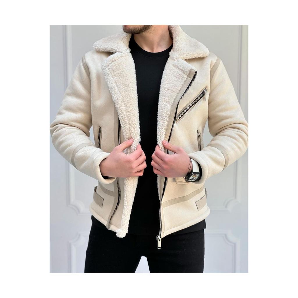 Men's Stone White Napa Leather Coat With Full Shearling Inside Northern Model Coat