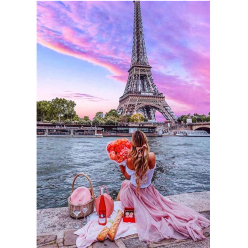 HUACAN Diamond Rhinestones Paintings Eiffel Tower Landscape Diamond Mosaic Balloon Embroidery Girl Needlework Art Home Decor