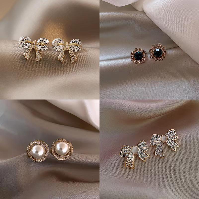 S925 Silber Diamant Geometrisch Koreanische Blume Perlenohrringe