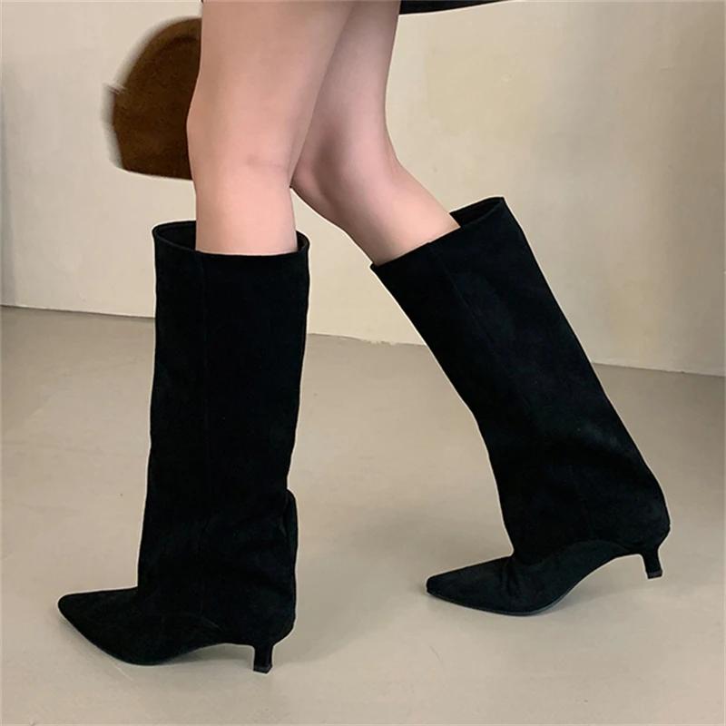 Fashion 2024 autumn and winter new style simple temperament bottom heel pointed high boots comfortable solid color wide boots