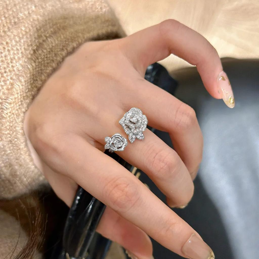 French Retro Gold Color Double Rose Flowers Design Inlaid with Full Zircon Necklaces Bracelets Rings Zircon Sets For Women