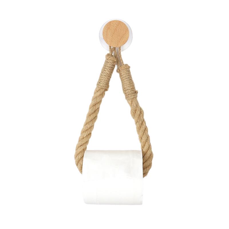 Handmade Woven Hemp Rope Tissue Holder with Solid Wood Roll Paper Rack