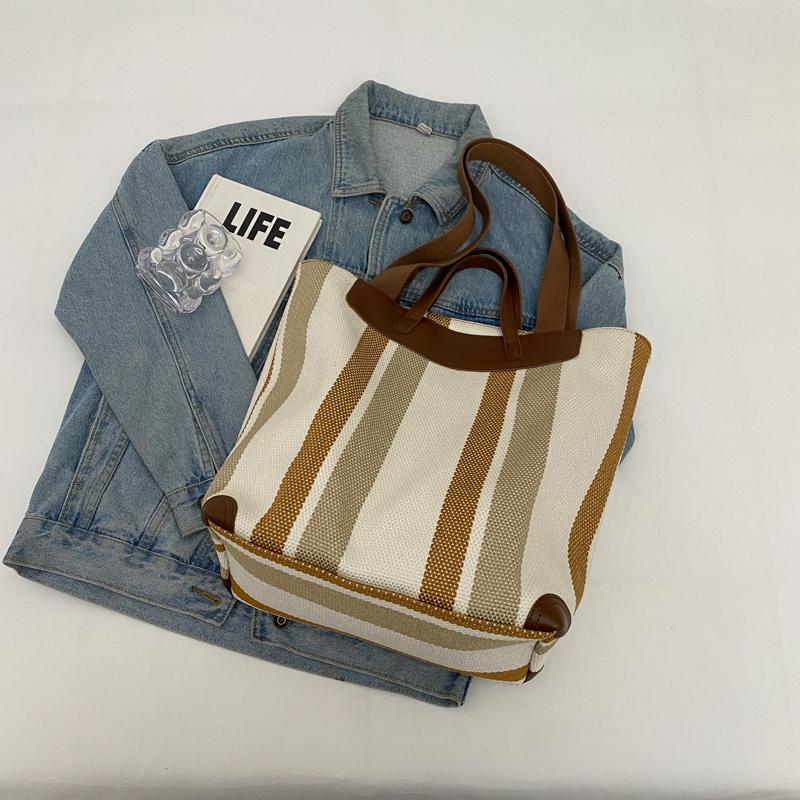 Canvas Bag Large Capacity Shoulder Bag for Female Striped Tote Bag