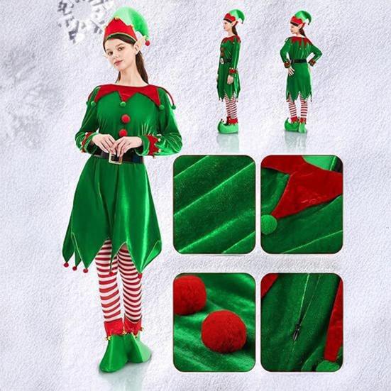 Kids Christmas Elf Costume Green Velvet Dress with Hat Shoes & Accessories for Boys Girls Holiday Play Outfit for School Performances Parties