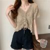 Chic Hollow Drawstring Knitted Sweater Women's Spring and Summer Small Sweet and Spicy Design Sense V-neck Lace-up Short Top