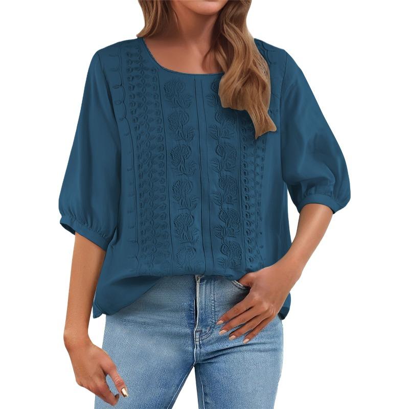 Summer Elegant Embroidery Loose Women Blouse Large Size Casual T-shirt Loose Simple Office Solid Color Fashion Elegant O Neck Sweet Shirts Clothing