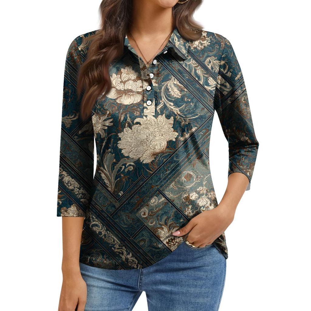 Women's Fashion Casual Lapel Short 3/4 Sleeve Print Shirt Women's Button Up Tops