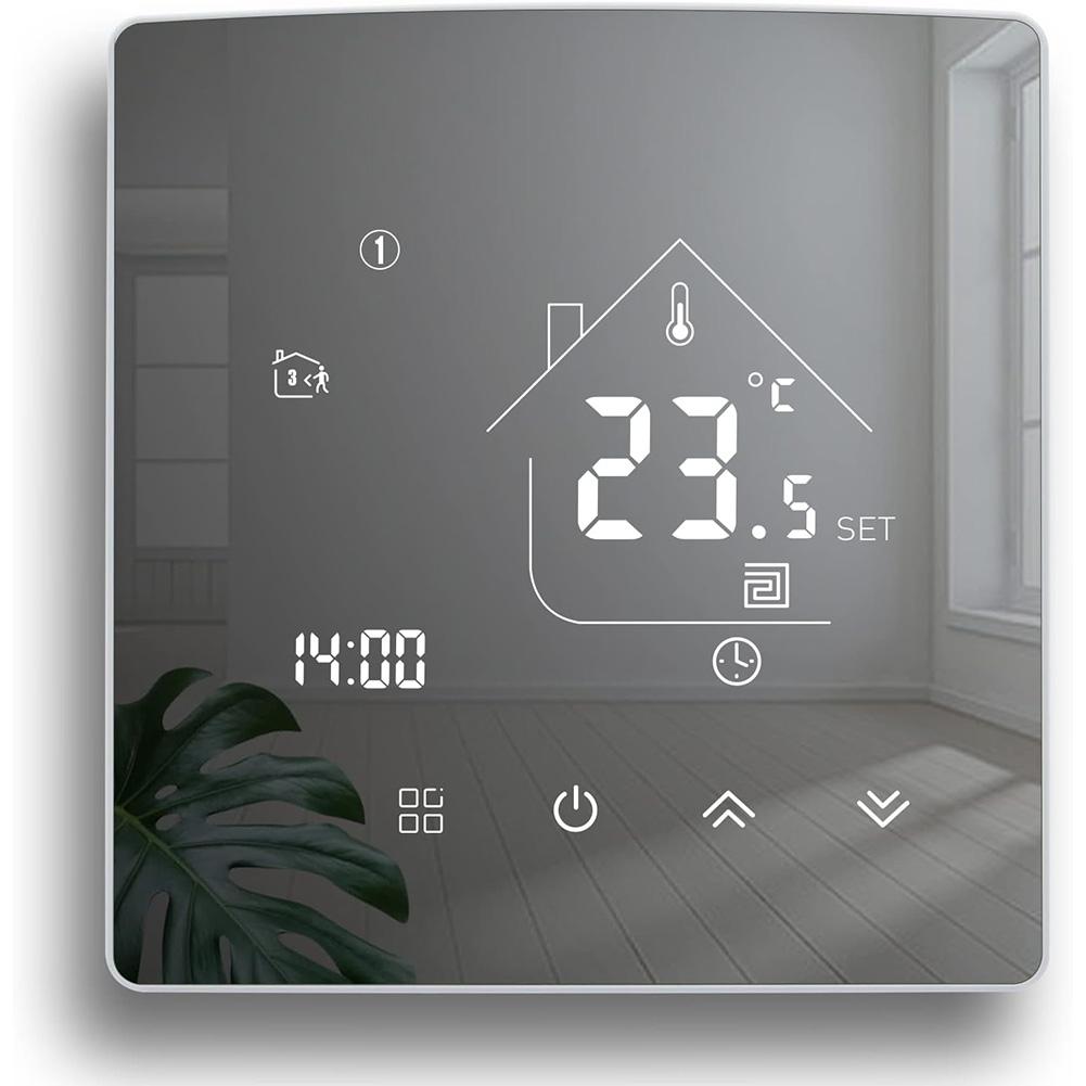Programmable Mirror Thermostat for Room Heating with Touchscreen Digital Display and Electric Floor Heating Compatible Power