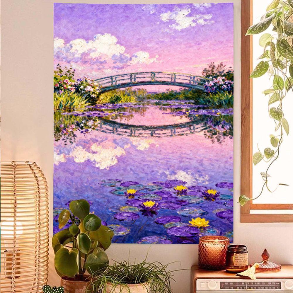 Monet Style Water Lily & Iris Cat Tapestry Retro Impressionist Oil Painting Wall Hanging for Bedroom Living Room Decor