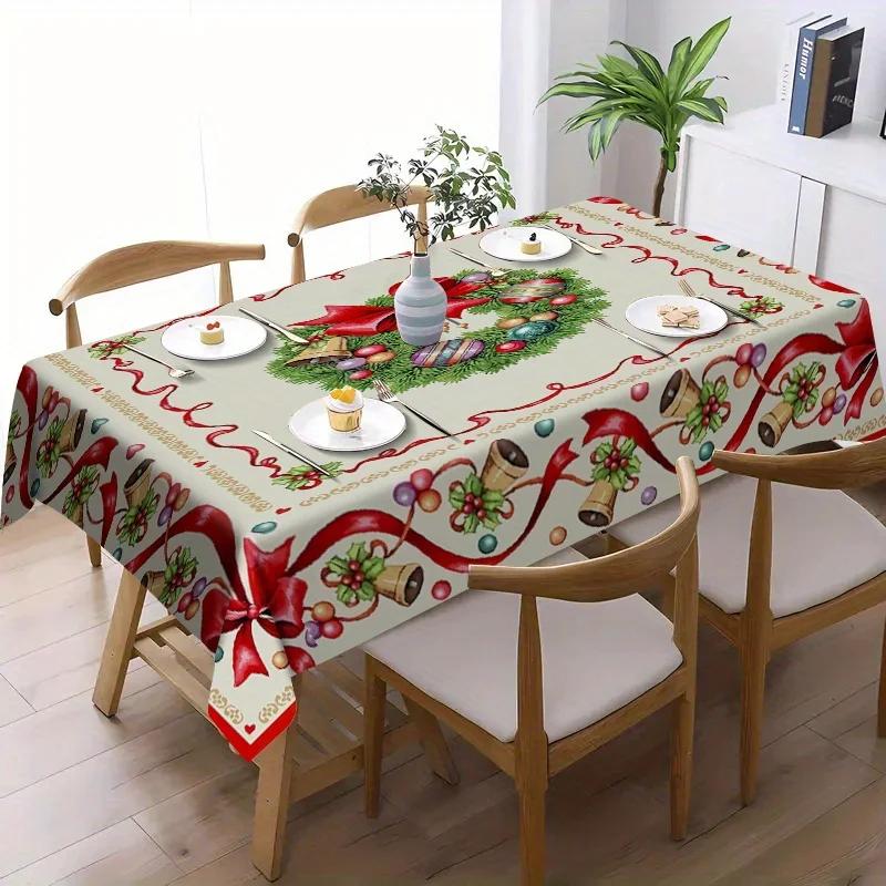 Red Bow Christmas Pine Needle Tablecloth for Winter Xmas Holiday Party Dining Room Decorations Navidad Rectangle Table Cloths