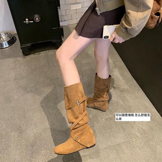 6Cm Inner Height Increase Western Denim Boots Women's 2025 New Korean Round Head Buckle with Soft Folds and Thin Medium Tube