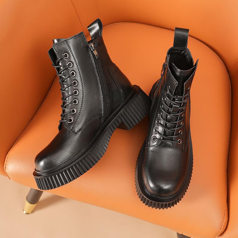 Новые зимние женские кожаные короткие ботинки на шнуровке с круглым носком и средней — фото 3