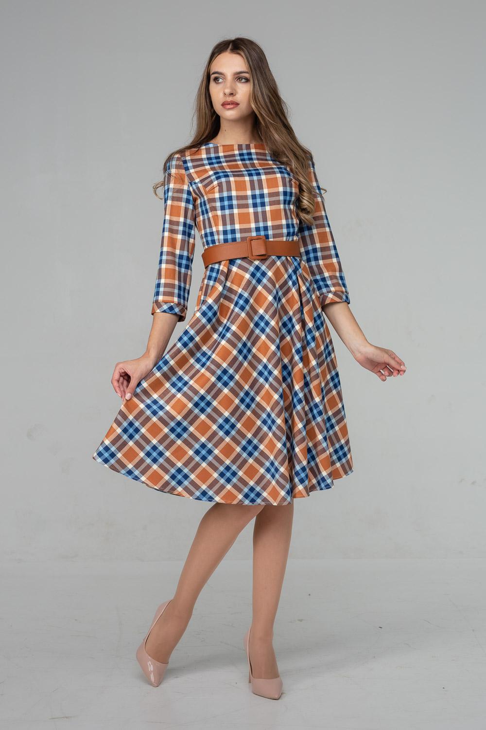 

Сукня-кліш в клітину за коліно 36 синій/бронзовий