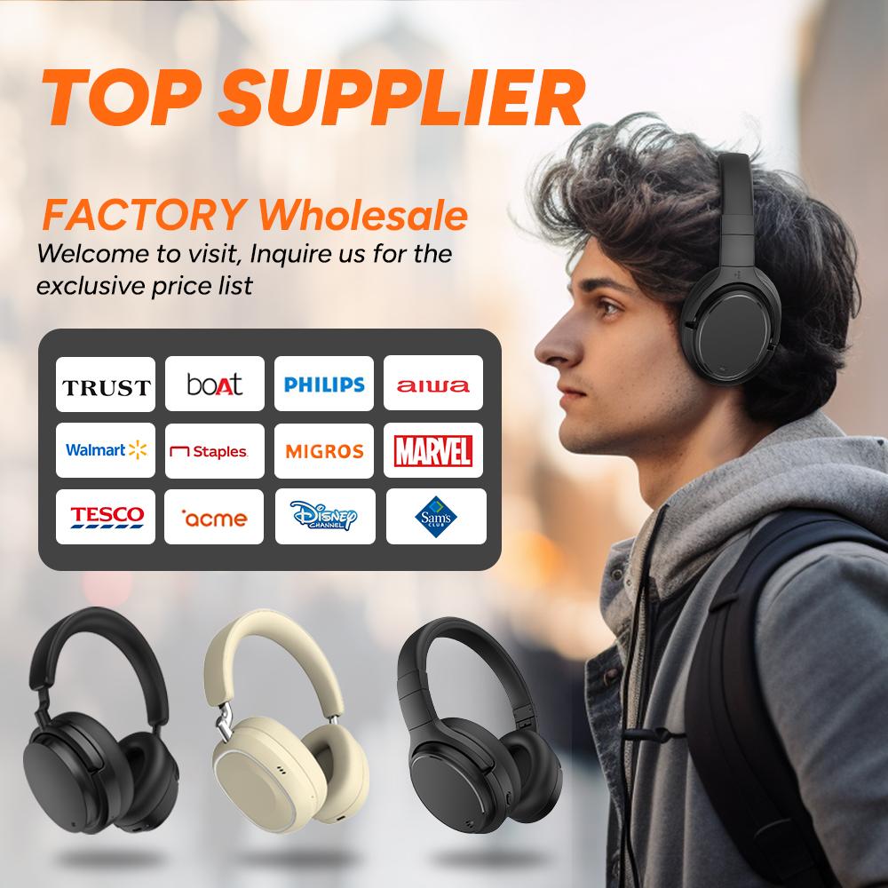 Custom Private Label Wireless Over-Ear Headphones Type-C Qualcomm Chipset Noise Cancelling Hybrid ANC 1050mAh Battery IPX4