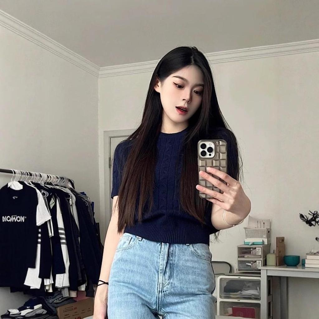 Women's Summer 2025 Korean Retro Cable Knit Short Sleeve Top