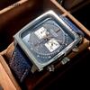 Megir Square Dial Chronograph Quartz Watches for Men Fashion Blue Leather Strap Casual Sport Wristwatch with Date 24-hour 2182