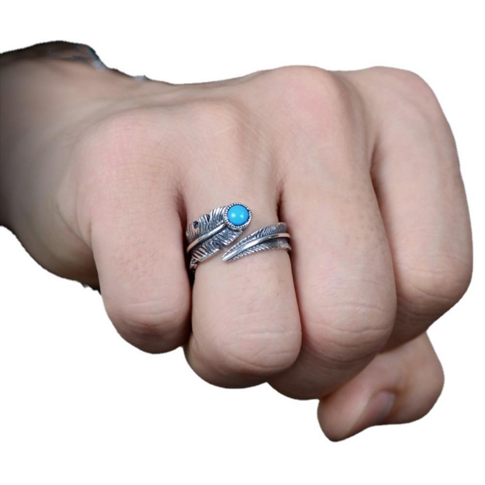 Anello Aperto Placcato Argento S925 Gioielli Thailandesi Vintage Turchese Sintetico Piuma Anello Unisex con Coda Regolabile