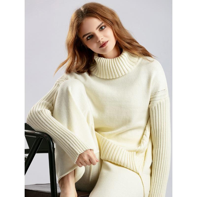 Autumn and Winter New Sweater 2piece Set for Women Lazy Style Loose High-neck Suit for Women Fashionable Casual Wide-leg Pants