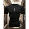 Herren Schwarzes Kompressions-Kurzarm-T-Shirt Silbernes Sternenkreuz-Grafik Slim Fit Fitnessstudio-Workout Und Athletiktraining Oberteil