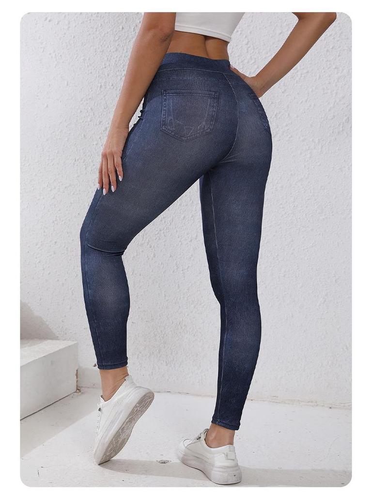European-Style Faux Denim Yoga Pants: Slimming, High-Waist, Tummy Control, Leg-Lifting, Hip-Enhancing with Pockets.