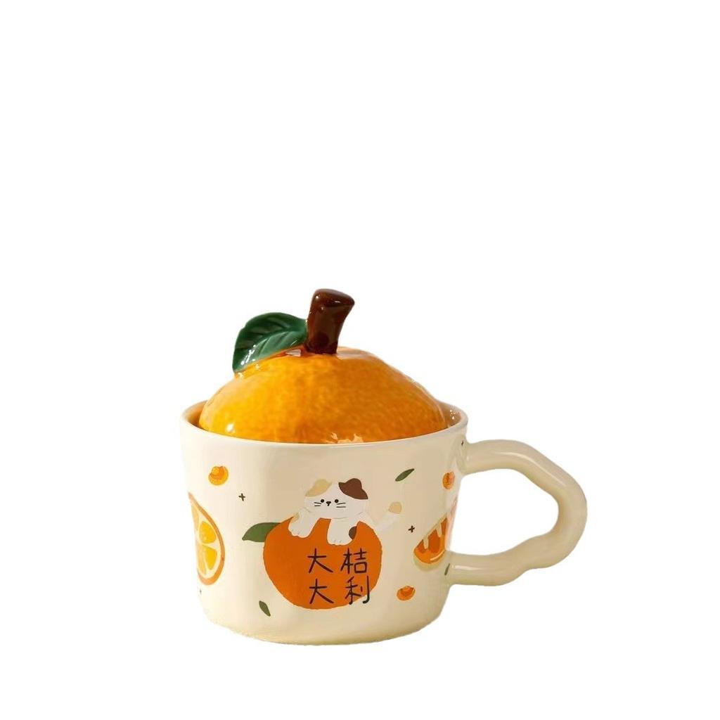 Cute Orange Cat Mug with Lid Creative Good Luck Cup Girls Home Coffee Cup Chinese New Year Gift