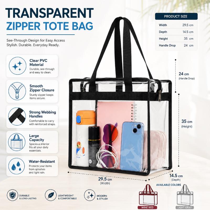 Pvc Transparent Tote Bag With Zipper Daily Travel Shopping Bag Large Capacity Portable Toiletry And Makeup Bag With Handle