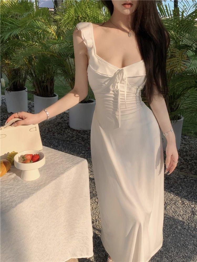 Women's Elegant White Spaghetti Strap Backless Summer Dress 2026 - Long, Beautiful Beach Photo Shoot Fairy Style