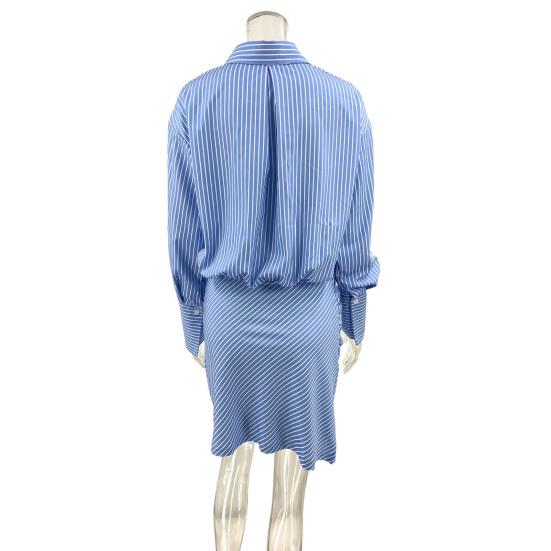 Vestido Camisero Rayado de Manga Larga para Mujer, Minivestido Bodycon con Solapa y Botones, Patchwork de Camiseta, Casual de Verano, Vestido de Oficina para Señoras