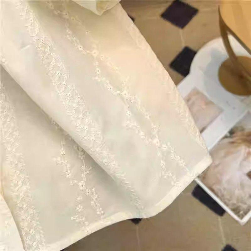 Damska francuska retro żakardowa bawełniana bluzka babydoll z haftem w kolorze morelowym