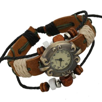 Punk Neu + Armbanduhr aus gewebtem Leder mit Perlen + Schmuck für Studenten + Unisex-Armbanduhr im Retro-Stil aus Rindsleder