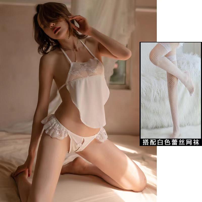 Sexy Retro Lace Seduction Lingerie Belly Pocket Passion Pajamas Open Crotch Lace-up Uniform Set