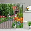 Park Garden Tree Flower Pond Nature Landscape Shower Curtain Bathroom Polyester Waterproof Fabric Curtains Home Bathtub Decor