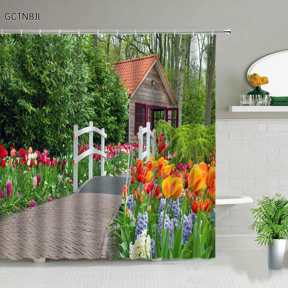 Park Garden Tree Flower Pond Nature Landscape Shower Curtain Bathroom Polyester Waterproof Fabric Curtains Home Bathtub Decor