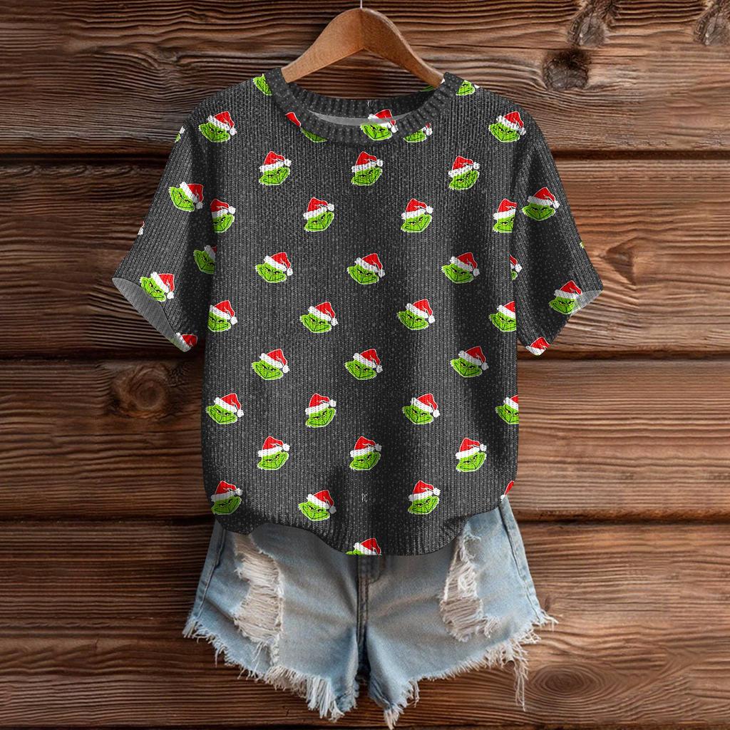 Women's Cute Sweater Knitted Fashion Casual Round-neck Short-sleeved  Cozy Print Top