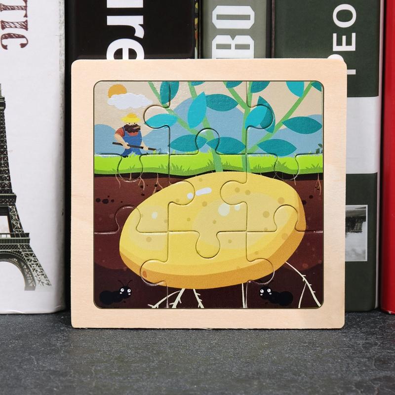 11x11cm Baby Montessori Spielzeug Holzpuzzle Cartoon Tier Frucht Fahrzeug 3D Puzzle Spiel Pädagogisches Legespielzeug für Kinder
