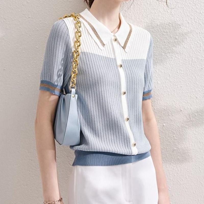 

Женские трикотажные летние тонкие футболки-топы поло с воротником, новая модная повседневная универсальная модель 2024 года, с коротким рукавом, на пуговицах, свободного кроя, с цветными блоками M синий