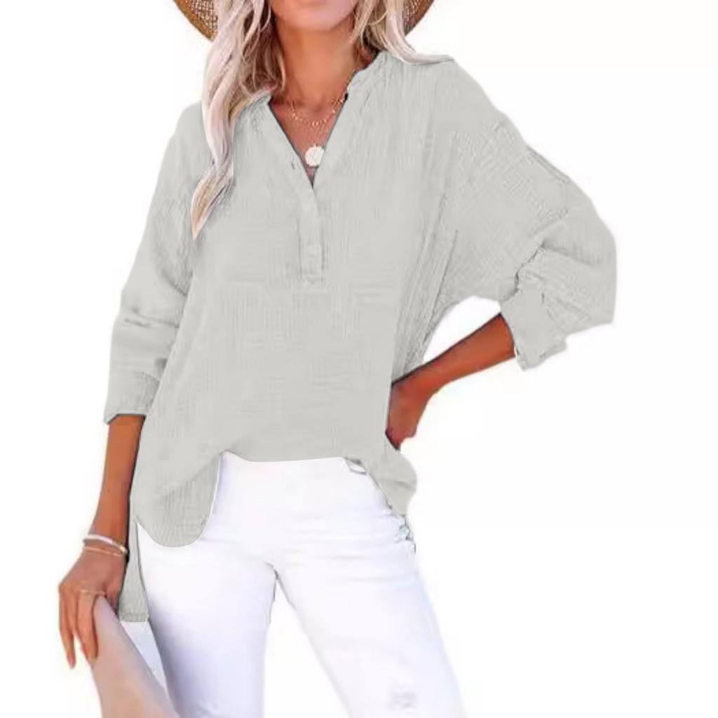 Fashion Women's Pleated Button Long Sleeve Solid Color Tops Women's Shirt Pullover