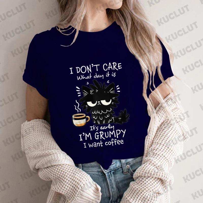 I Want Coffee TShirt Unisex Summer Short Sleeve Y2k Tops Fashion Hip Hop Tees Clothes Black Cat Comfortable Casual T Shirt