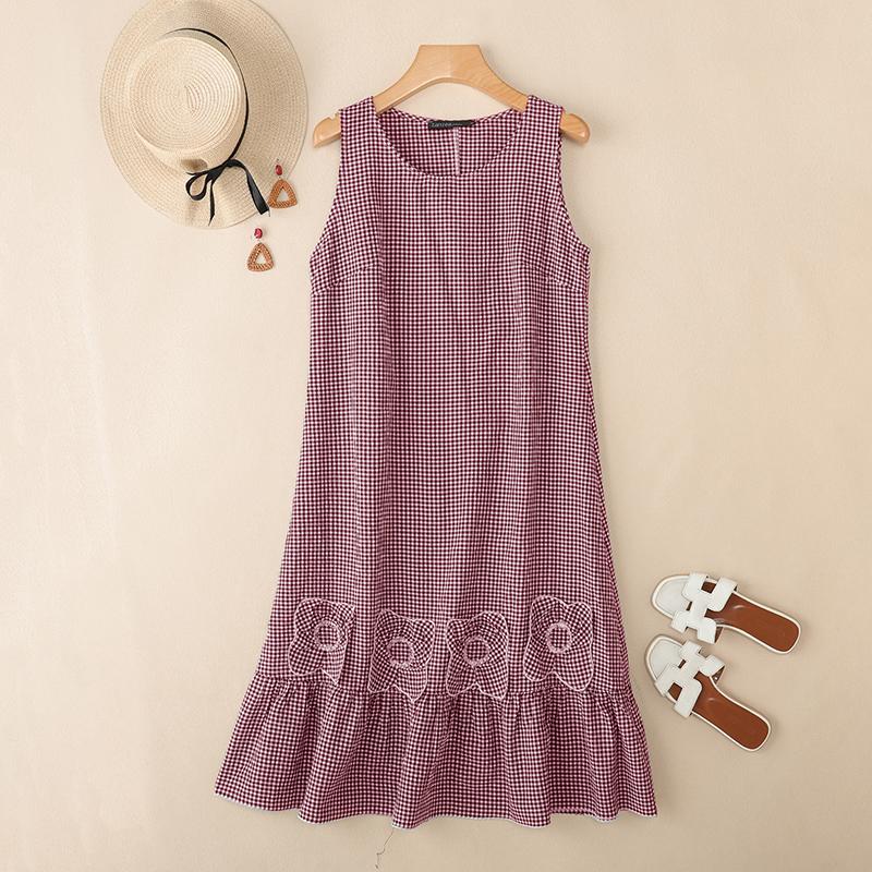 ZANZEA Women Casual Round Neck Summer Sleeveless Grid Print Dress