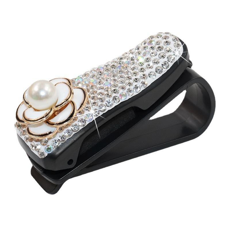 Cute Bow Car Sun Visor Organizer Sunglasses Holder Rhinestone Bracket Portable Sunglasses Crystal Clip Decoration Accessories