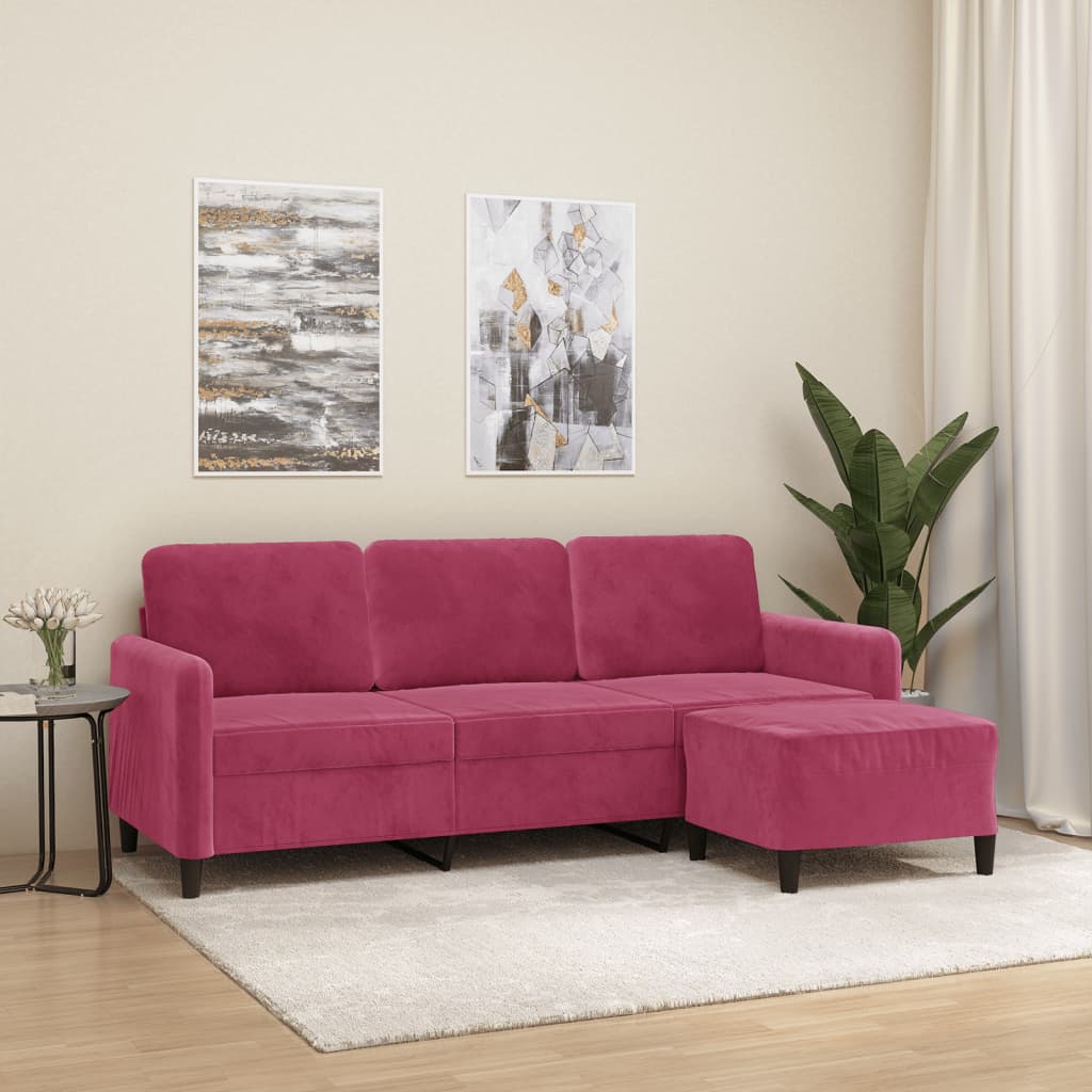 3 Seater Sofa with Ottoman In Burgundy 180 Cm Velvet
