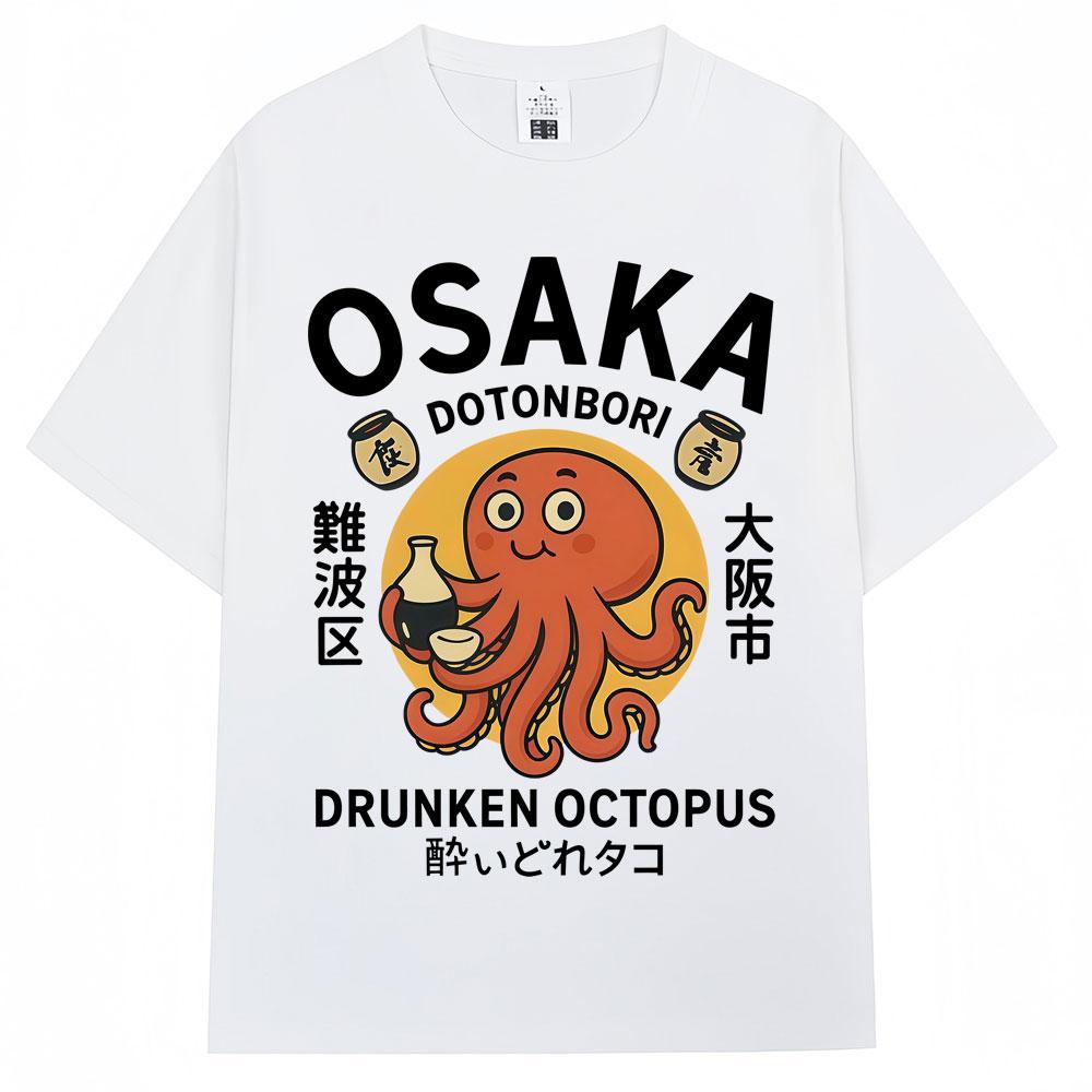 Japanese Style Drunken Octopus Osaka Graphic T Shirts Dotonbori Unisex Unisex Fashion Vintage Short Sleeve Oversized Cotton T Shirt