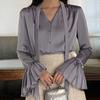Blusa da donna primaverile a tinta unita dal design elegante, ampia, top delicato con volant