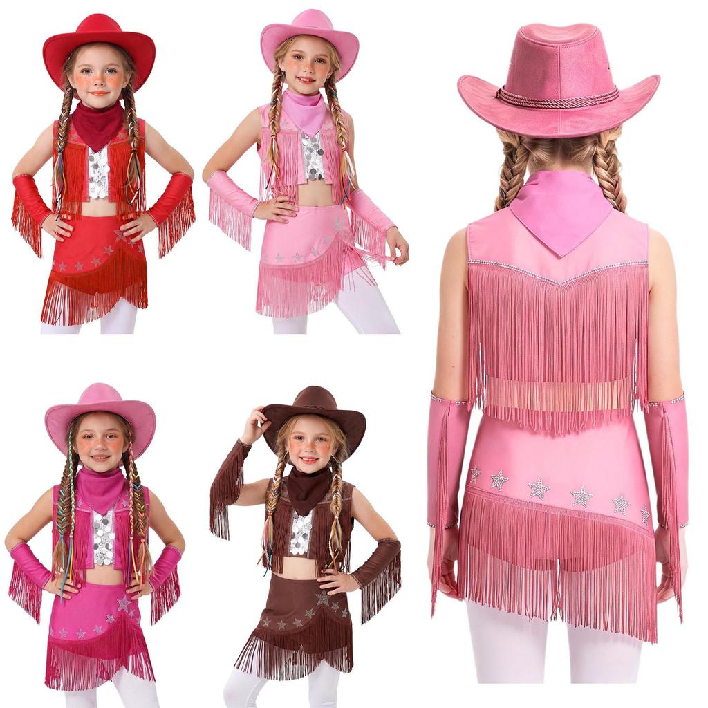 Disfraz de Vaquera para Niñas Top sin Mangas con Lentejuelas, Pedrería y Flecos con Falda Elástica, Guantes, Sombrero, Pañuelo para Danza Latina, Actuación en Escenario, Competición