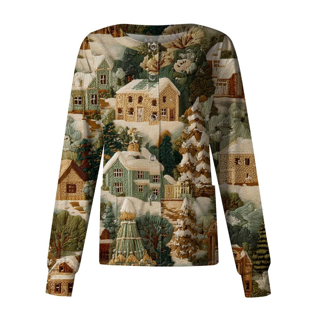 Women's Casual Long-Sleeved Single-Breasted Christmas-Themed Print  Cardigan